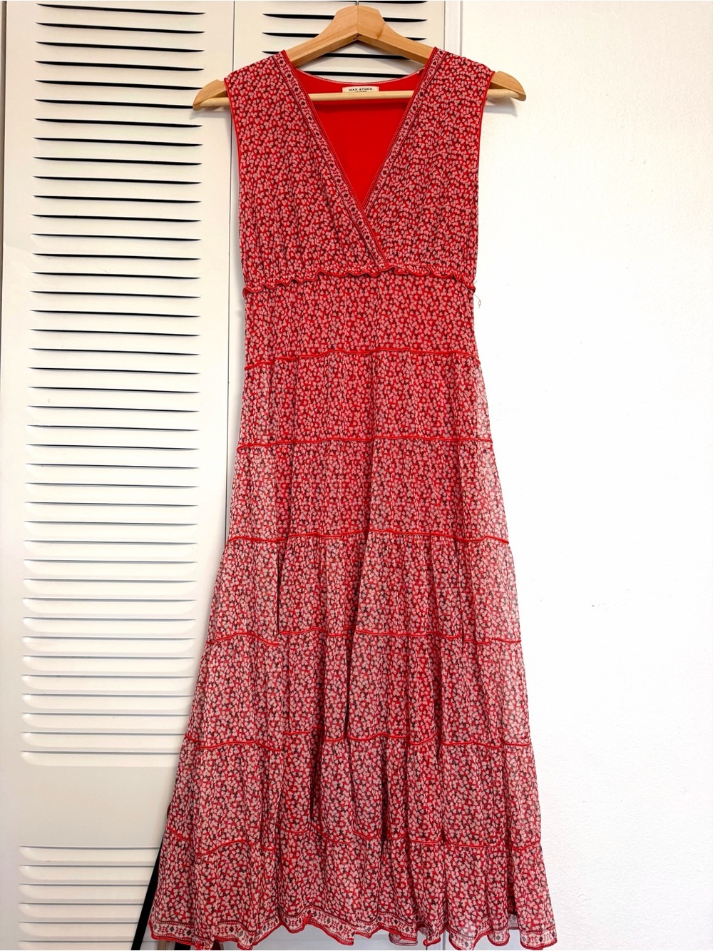 Max Studio Red Floral V-Neck Tiered Maxi Dress